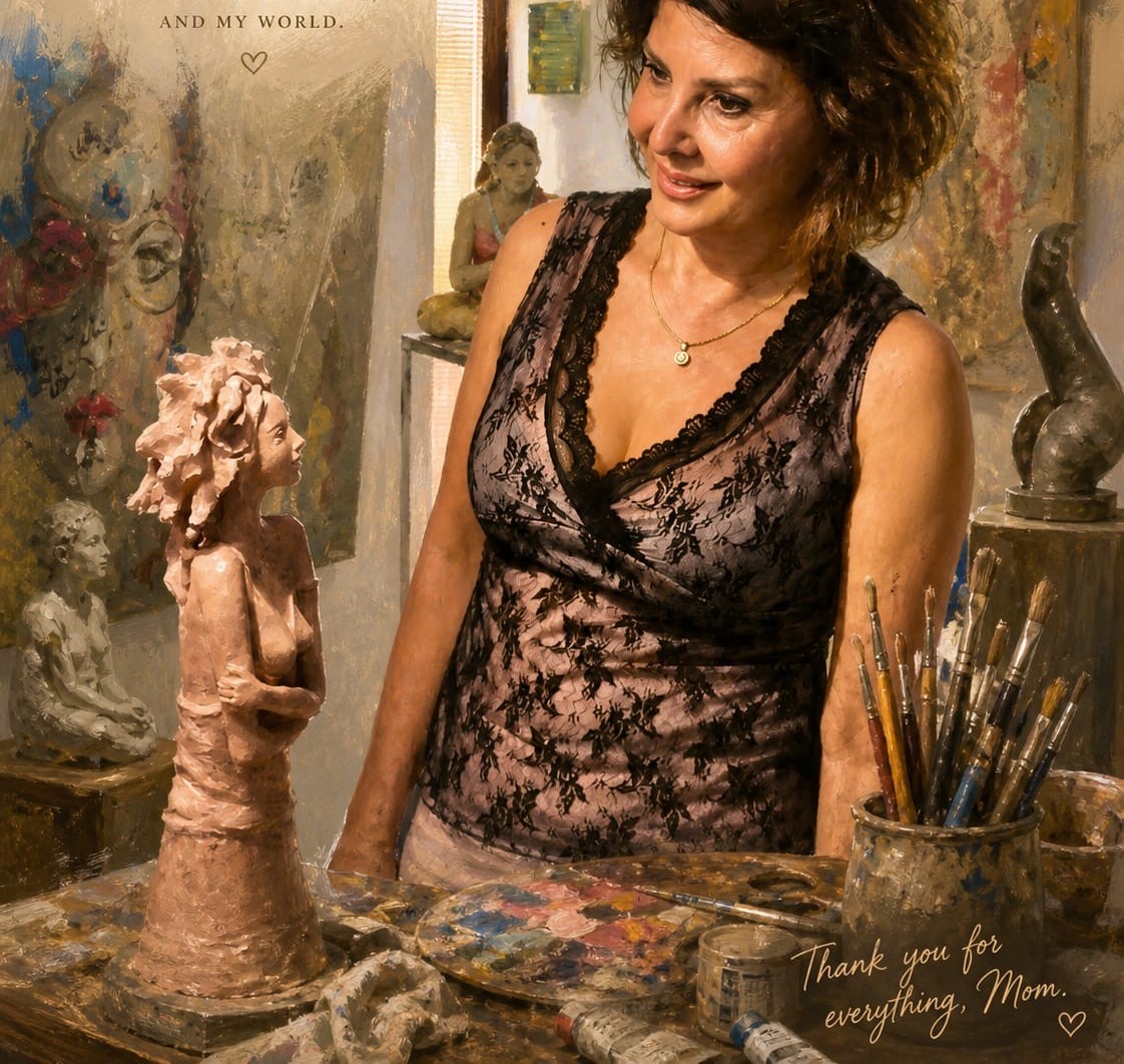 A painted portrait of Mina in her studio, made by her son